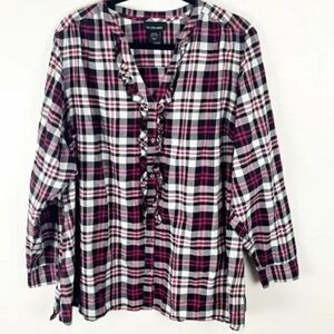 Lane Bryant Plaid Long Sleeve Ruffle Accent Button Top